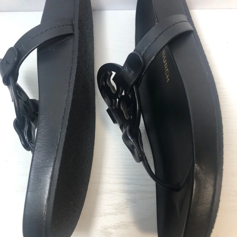 New Tory Burch Miller Cloud Leather Thong Black Sandals Women’s Size 7